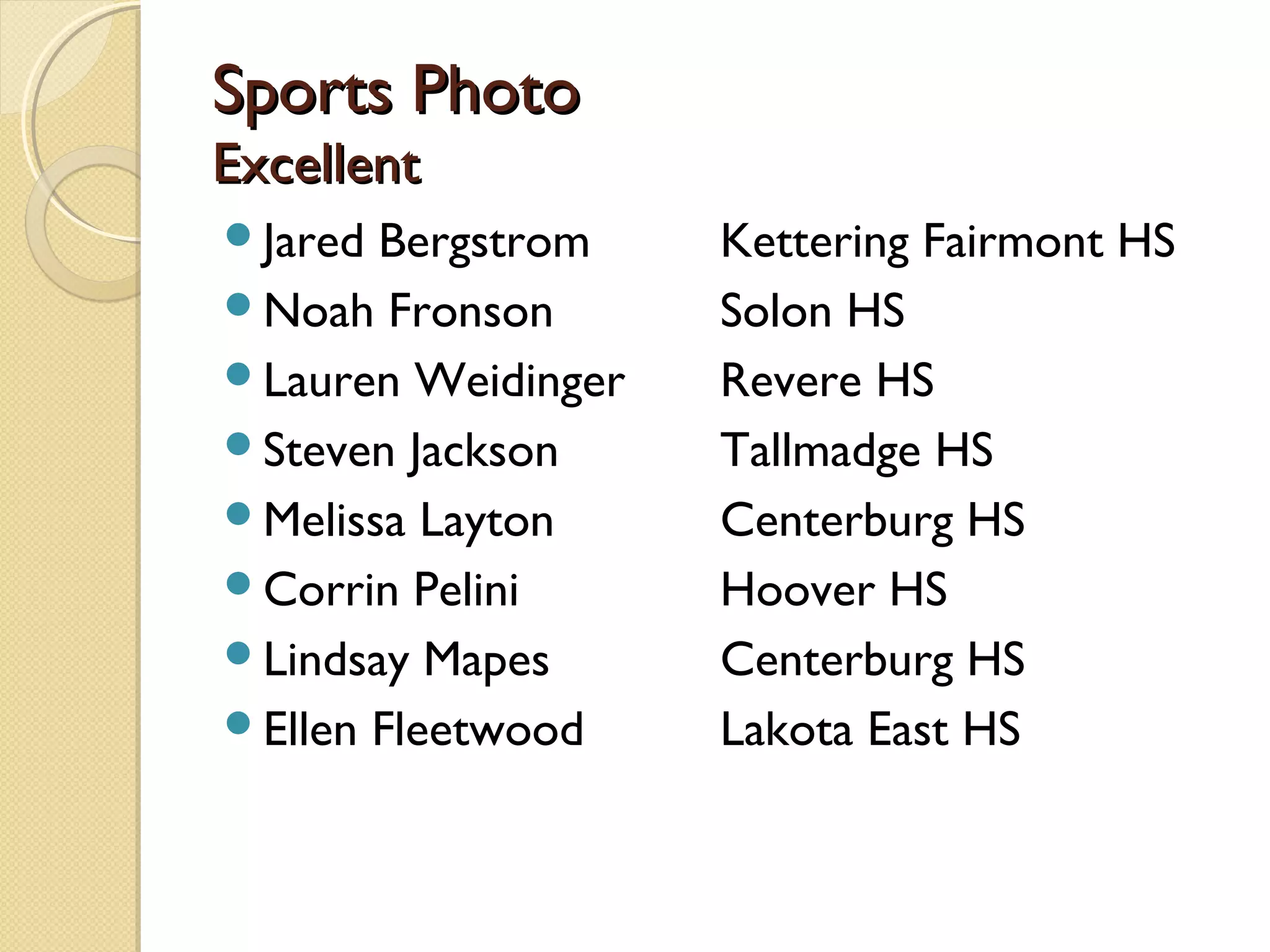 Sports Photo
Excellent
Jared Bergstrom    Kettering Fairmont HS
Noah Fronson       Solon HS
Lauren Weidinger   Revere HS
Steven Jackson     Tallmadge HS
Melissa Layton     Centerburg HS
Corrin Pelini      Hoover HS
Lindsay Mapes      Centerburg HS
Ellen Fleetwood    Lakota East HS
 