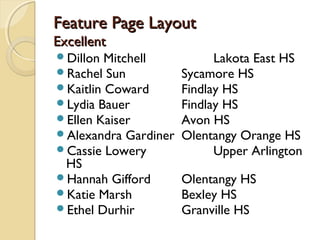 Feature Page LayoutFeature Page Layout
ExcellentExcellent
Dillon Mitchell Lakota East HS
Rachel Sun Sycamore HS
Kaitlin Coward Findlay HS
Lydia Bauer Findlay HS
Ellen Kaiser Avon HS
Alexandra Gardiner Olentangy Orange HS
Cassie Lowery Upper Arlington
HS
Hannah Gifford Olentangy HS
Katie Marsh Bexley HS
Ethel Durhir Granville HS
 