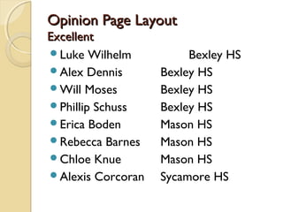 Opinion Page LayoutOpinion Page Layout
ExcellentExcellent
Luke Wilhelm Bexley HS
Alex Dennis Bexley HS
Will Moses Bexley HS
Phillip Schuss Bexley HS
Erica Boden Mason HS
Rebecca Barnes Mason HS
Chloe Knue Mason HS
Alexis Corcoran Sycamore HS
 