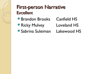 First-person NarrativeFirst-person Narrative
ExcellentExcellent
Brandon Brooks Canfield HS
Ricky Mulvey Loveland HS
Sabrina Suleiman Lakewood HS
 