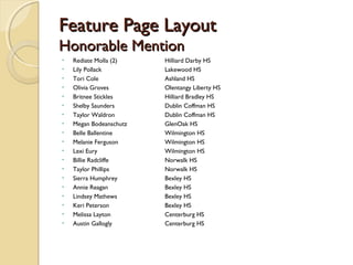 Feature Page LayoutFeature Page Layout
Honorable MentionHonorable Mention
• Rediate Molla (2) Hilliard Darby HS
• Lily Pollack Lakewood HS
• Tori Cole Ashland HS
• Olivia Groves Olentangy Liberty HS
• Britnee Stickles Hilliard Bradley HS
• Shelby Saunders Dublin Coffman HS
• Taylor Waldron Dublin Coffman HS
• Megan Bodeanschutz GlenOak HS
• Belle Ballentine Wilmington HS
• Melanie Ferguson Wilmington HS
• Lexi Eury Wilmington HS
• Billie Radcliffe Norwalk HS
• Taylor Phillips Norwalk HS
• Sierra Humphrey Bexley HS
• Annie Reagan Bexley HS
• Lindsey Mathews Bexley HS
• Keri Peterson Bexley HS
• Melissa Layton Centerburg HS
• Austin Gallogly Centerburg HS
 