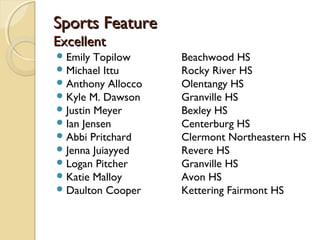 Sports FeatureSports Feature
ExcellentExcellent
Emily Topilow Beachwood HS
Michael Ittu Rocky River HS
Anthony Allocco Olentangy HS
Kyle M. Dawson Granville HS
Justin Meyer Bexley HS
Ian Jensen Centerburg HS
Abbi Pritchard Clermont Northeastern HS
Jenna Juiayyed Revere HS
Logan Pitcher Granville HS
Katie Malloy Avon HS
Daulton Cooper Kettering Fairmont HS
 