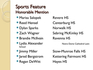 Sports FeatureSports Feature
Honorable MentionHonorable Mention
Marisa Salopek Revere HS
Reed Hensel Centerburg HS
Dylan Sparks Norwalk HS
Zach Wagner Sebring McKinley HS
Brandie McIlvain Ravenna HS
Lydia Alexander Notre Dame Cathedral Latin
School
Jimmy Miller Stow-Munroe Falls HS
Jared Bergstrom Kettering Fairmont HS
Regan DeWitt Hayes HS
 