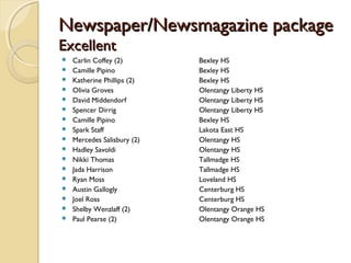 Newspaper/Newsmagazine packageNewspaper/Newsmagazine package
ExcellentExcellent
 Carlin Coffey (2) Bexley HS
 Camille Pipino Bexley HS
 Katherine Phillips (2) Bexley HS
 Olivia Groves Olentangy Liberty HS
 David Middendorf Olentangy Liberty HS
 Spencer Dirrig Olentangy Liberty HS
 Camille Pipino Bexley HS
 Spark Staff Lakota East HS
 Mercedes Salisbury (2) Olentangy HS
 Hadley Savoldi Olentangy HS
 Nikki Thomas Tallmadge HS
 Jada Harrison Tallmadge HS
 Ryan Moss Loveland HS
 Austin Gallogly Centerburg HS
 Joel Ross Centerburg HS
 Shelby Wenzlaff (2) Olentangy Orange HS
 Paul Pearse (2) Olentangy Orange HS
 