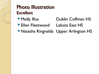 Photo IllustrationPhoto Illustration
ExcellentExcellent
Molly Illus Dublin Coffman HS
Ellen Fleetwood Lakota East HS
Natasha Ringnalda Upper Arlington HS
 