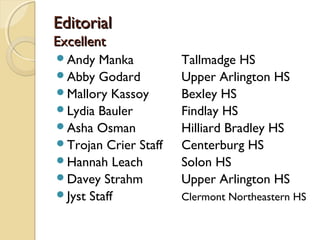 EditorialEditorial
ExcellentExcellent
Andy Manka Tallmadge HS
Abby Godard Upper Arlington HS
Mallory Kassoy Bexley HS
Lydia Bauler Findlay HS
Asha Osman Hilliard Bradley HS
Trojan Crier Staff Centerburg HS
Hannah Leach Solon HS
Davey Strahm Upper Arlington HS
Jyst Staff Clermont Northeastern HS
 