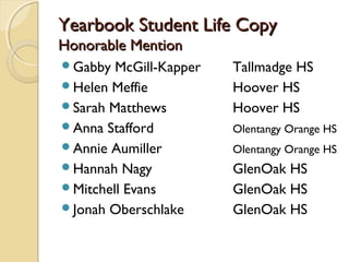 Yearbook Student Life CopyYearbook Student Life Copy
Honorable MentionHonorable Mention
Gabby McGill-Kapper Tallmadge HS
Helen Meffie Hoover HS
Sarah Matthews Hoover HS
Anna Stafford Olentangy Orange HS
Annie Aumiller Olentangy Orange HS
Hannah Nagy GlenOak HS
Mitchell Evans GlenOak HS
Jonah Oberschlake GlenOak HS
 