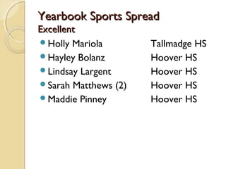 Yearbook Sports SpreadYearbook Sports Spread
ExcellentExcellent
Holly Mariola Tallmadge HS
Hayley Bolanz Hoover HS
Lindsay Largent Hoover HS
Sarah Matthews (2) Hoover HS
Maddie Pinney Hoover HS
 
