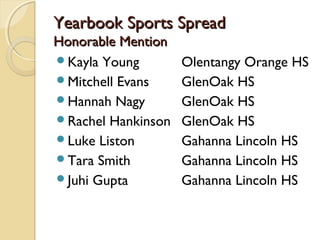 Yearbook Sports SpreadYearbook Sports Spread
Honorable MentionHonorable Mention
Kayla Young Olentangy Orange HS
Mitchell Evans GlenOak HS
Hannah Nagy GlenOak HS
Rachel Hankinson GlenOak HS
Luke Liston Gahanna Lincoln HS
Tara Smith Gahanna Lincoln HS
Juhi Gupta Gahanna Lincoln HS
 