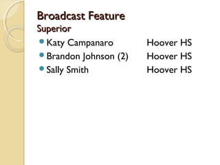 Broadcast FeatureBroadcast Feature
SuperiorSuperior
Katy Campanaro Hoover HS
Brandon Johnson (2) Hoover HS
Sally Smith Hoover HS
 