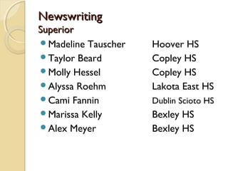 NewswritingNewswriting
SuperiorSuperior
Madeline Tauscher Hoover HS
Taylor Beard Copley HS
Molly Hessel Copley HS
Alyssa Roehm Lakota East HS
Cami Fannin Dublin Scioto HS
Marissa Kelly Bexley HS
Alex Meyer Bexley HS
 