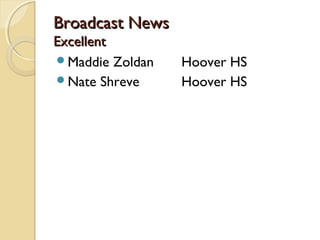 Broadcast NewsBroadcast News
ExcellentExcellent
Maddie Zoldan Hoover HS
Nate Shreve Hoover HS
 