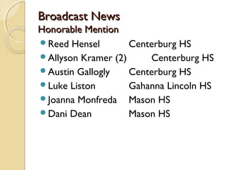 Broadcast NewsBroadcast News
Honorable MentionHonorable Mention
Reed Hensel Centerburg HS
Allyson Kramer (2) Centerburg HS
Austin Gallogly Centerburg HS
Luke Liston Gahanna Lincoln HS
Joanna Monfreda Mason HS
Dani Dean Mason HS
 