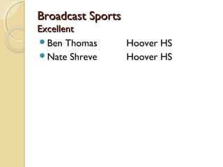Broadcast SportsBroadcast Sports
ExcellentExcellent
Ben Thomas Hoover HS
Nate Shreve Hoover HS
 