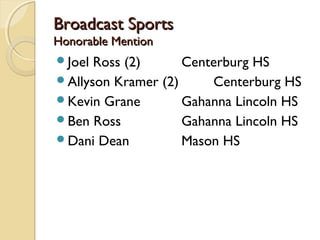 Broadcast SportsBroadcast Sports
Honorable MentionHonorable Mention
Joel Ross (2) Centerburg HS
Allyson Kramer (2) Centerburg HS
Kevin Grane Gahanna Lincoln HS
Ben Ross Gahanna Lincoln HS
Dani Dean Mason HS
 