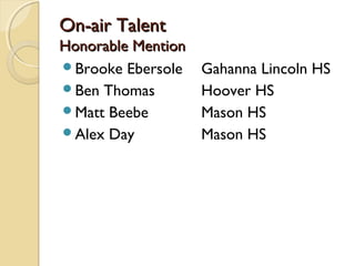 On-air TalentOn-air Talent
Honorable MentionHonorable Mention
Brooke Ebersole Gahanna Lincoln HS
Ben Thomas Hoover HS
Matt Beebe Mason HS
Alex Day Mason HS
 