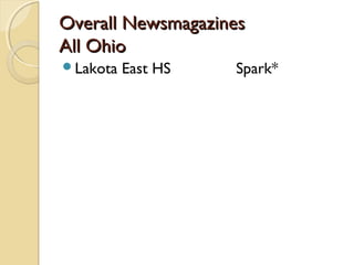 Overall NewsmagazinesOverall Newsmagazines
All OhioAll Ohio
Lakota East HS Spark*
 