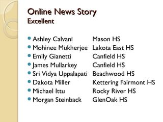 Online News StoryOnline News Story
ExcellentExcellent
Ashley Calvani Mason HS
Mohinee Mukherjee Lakota East HS
Emily Gianetti Canfield HS
James Mullarkey Canfield HS
Sri Vidya Uppalapati Beachwood HS
Dakota Miller Kettering Fairmont HS
Michael Ittu Rocky River HS
Morgan Steinback GlenOak HS
 