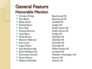 General FeatureGeneral Feature
Honorable MentionHonorable Mention
 Christina Phelps Beachwood HS
 Max Bleich Beachwood HS
 Bailey Sandin Canfield HS
 Rachael Bauer Copley HS
 Rana Hilal Dublin Scioto HS
 Amanda Brennan Dublin Scioto HS
 Lydia Bauer Findlay HS
 Mindy Brown GlenOak HS
 Ellenore Holbrook GlenOak HS
 Julia Lerner Granville HS
 Logan Pilcher Granville HS
 Jessy Breckenridge Hilliard Darby HS
 Jenna Myklebust (2) Loveland HS
 Dominique Gordon Massillon Washington HS
 Sammi Nonno Hoover HS
 Madison DeChellis Hoover HS
 