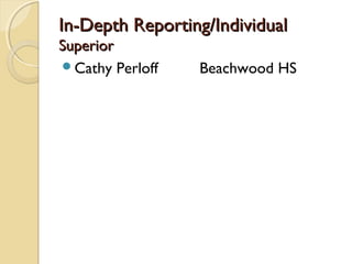 In-Depth Reporting/IndividualIn-Depth Reporting/Individual
SuperiorSuperior
Cathy Perloff Beachwood HS
 