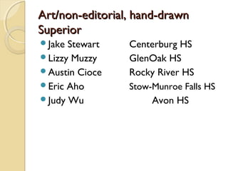 Art/non-editorial, hand-drawnArt/non-editorial, hand-drawn
SuperiorSuperior
Jake Stewart Centerburg HS
Lizzy Muzzy GlenOak HS
Austin Cioce Rocky River HS
Eric Aho Stow-Munroe Falls HS
Judy Wu Avon HS
 