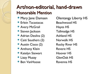 Art/non-editorial, hand-drawnArt/non-editorial, hand-drawn
Honorable MentionHonorable Mention
Mary Jane Damsen Olentangy Liberty HS
 Erlein Tacastacas Beachwood HS
 Avery McGrail Hayes HS
 Steven Jackson Tallmadge HS
 Adrian Desilva (2) Ashland HS
 Caiti Southers (2) Norwalk HS
 Austin Cioce (2) Rocky River HS
 Anthony Klein Revere HS
 Katelyn Stewart Hoover HS
 Lizzy Muzzy GlenOak HS
 Ben VanHoose Ravenna HS
 