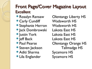Front Page/Cover Magazine LayoutFront Page/Cover Magazine Layout
ExcellentExcellent
Rosalyn Ransaw Olentangy Liberty HS
Carly Cundiff Wadsworth HS
Stephanie Herron Wadsworth HS
Jack Dombrowski Lakota East HS
Justin York Lakota East HS
Jeff Back Lakota East HS
Paul Pearse Olentangy Orange HS
Steven Jackson Tallmadge HS
Aditi Sharma Sycamore HS
Lila Englander Sycamore HS
 