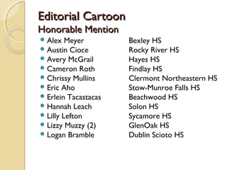 Editorial CartoonEditorial Cartoon
Honorable MentionHonorable Mention
Alex Meyer Bexley HS
Austin Cioce Rocky River HS
Avery McGrail Hayes HS
Cameron Roth Findlay HS
Chrissy Mullins Clermont Northeastern HS
Eric Aho Stow-Munroe Falls HS
Erlein Tacastacas Beachwood HS
Hannah Leach Solon HS
Lilly Lefton Sycamore HS
Lizzy Muzzy (2) GlenOak HS
Logan Bramble Dublin Scioto HS
 