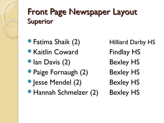 Front Page Newspaper LayoutFront Page Newspaper Layout
SuperiorSuperior
Fatima Shaik (2) Hilliard Darby HS
Kaitlin Coward Findlay HS
Ian Davis (2) Bexley HS
Paige Fornaugh (2) Bexley HS
Jesse Mendel (2) Bexley HS
Hannah Schmelzer (2) Bexley HS
 