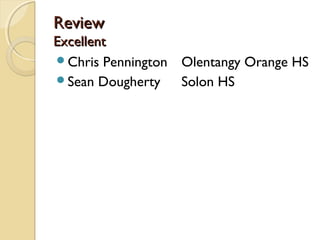 ReviewReview
ExcellentExcellent
Chris Pennington Olentangy Orange HS
Sean Dougherty Solon HS
 