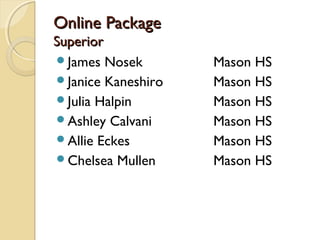 Online PackageOnline Package
SuperiorSuperior
James Nosek Mason HS
Janice Kaneshiro Mason HS
Julia Halpin Mason HS
Ashley Calvani Mason HS
Allie Eckes Mason HS
Chelsea Mullen Mason HS
 