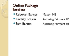 Online PackageOnline Package
ExcellentExcellent
Rebekah Barnes Mason HS
Lindsay Breslin Kettering Fairmont HS
Sam Barton Kettering Fairmont HS
 