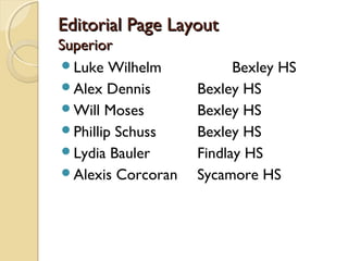 Editorial Page LayoutEditorial Page Layout
SuperiorSuperior
Luke Wilhelm Bexley HS
Alex Dennis Bexley HS
Will Moses Bexley HS
Phillip Schuss Bexley HS
Lydia Bauler Findlay HS
Alexis Corcoran Sycamore HS
 