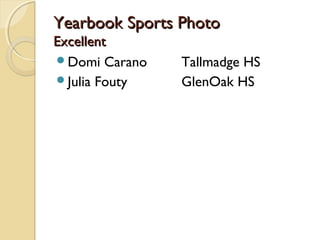 Yearbook Sports PhotoYearbook Sports Photo
ExcellentExcellent
Domi Carano Tallmadge HS
Julia Fouty GlenOak HS
 