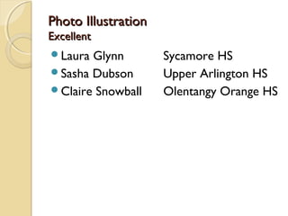 Photo IllustrationPhoto Illustration
ExcellentExcellent
Laura Glynn Sycamore HS
Sasha Dubson Upper Arlington HS
Claire Snowball Olentangy Orange HS
 