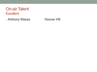 On-air Talent
Excellent
• Anthony Massa Hoover HS
 