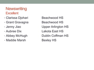Newswriting
Excellent
• Clarissa Djohari Beachwood HS
• Grant Gravagna Beachwood HS
• Jenny Jiao Upper Arlington HS
• Aubree Dix Lakota East HS
• Abbey McHugh Dublin Coffman HS
• Maddie Marsh Bexley HS
 