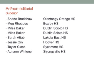 Art/non-editorial
Superior
• Shane Bradshaw Olentangy Orange HS
• Meg Rhoades Bexley HS
• Miles Baker Dublin Scioto HS
• Miles Baker Dublin Scioto HS
• Sarah Aftab Lakota East HS
• Jessie Qin Hoover HS
• Taylor Close Sycamore HS
• Autumn Whitener Strongsville HS
 