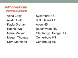 Art/non-editorial
Honorable Mention
• Anna Zhoy Sycamore HS
• Austin Huff R.B. Hayes HS
• Kayla Graham Avon HS
• Rachel Wu Beachwood HS
• Maria Matyac Olentangy Orange HS
• Megan Thomas Centerburg HS
• Kara Moreland Centerburg HS
 