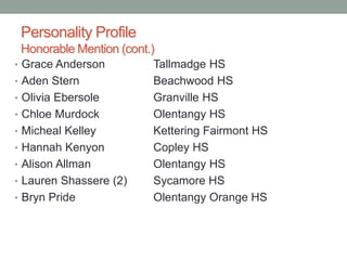 Personality Profile
Honorable Mention (cont.)
• Grace Anderson Tallmadge HS
• Aden Stern Beachwood HS
• Olivia Ebersole Gr...