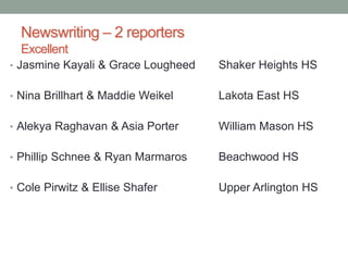 Newswriting – 2 reporters
Excellent
• Jasmine Kayali & Grace Lougheed Shaker Heights HS
• Nina Brillhart & Maddie Weikel L...