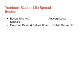 Yearbook Student Life Spread
Excellent
• Becca Johanns Antwerp Local
Schools
• Gretchen Baker & Fatima Khan Dublin Scioto HS
 