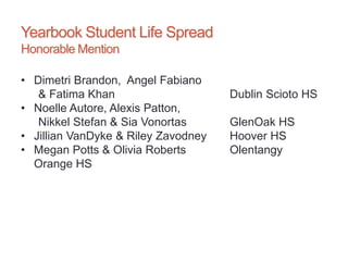 Yearbook Student Life Spread
Honorable Mention
• Dimetri Brandon, Angel Fabiano
& Fatima Khan Dublin Scioto HS
• Noelle Autore, Alexis Patton,
Nikkel Stefan & Sia Vonortas GlenOak HS
• Jillian VanDyke & Riley Zavodney Hoover HS
• Megan Potts & Olivia Roberts Olentangy
Orange HS
 