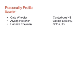 Personality Profile
Superior
• Cate Wheeler Centerburg HS
• Alyssa Hetterich Lakota East HS
• Hannah Edelman Solon HS
 