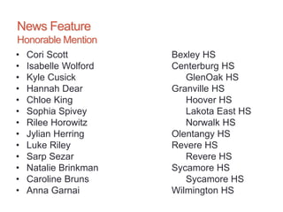 News Feature
Honorable Mention
• Cori Scott Bexley HS
• Isabelle Wolford Centerburg HS
• Kyle Cusick GlenOak HS
• Hannah Dear Granville HS
• Chloe King Hoover HS
• Sophia Spivey Lakota East HS
• Rilee Horowitz Norwalk HS
• Jylian Herring Olentangy HS
• Luke Riley Revere HS
• Sarp Sezar Revere HS
• Natalie Brinkman Sycamore HS
• Caroline Bruns Sycamore HS
• Anna Garnai Wilmington HS
 