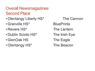 Overall Newsmagazines
Second Place
• Olentangy Liberty HS* The Cannon
• Granville HS* BluePrints
• Revere HS* The Lantern
• Dublin Scioto HS* The Irish Eye
• GlenOak HS The Eagle
• Olentangy HS* The Beacon
 