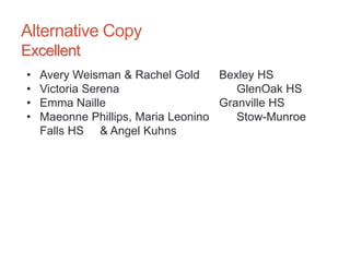 Alternative Copy
Excellent
• Avery Weisman & Rachel Gold Bexley HS
• Victoria Serena GlenOak HS
• Emma Naille Granville HS
• Maeonne Phillips, Maria Leonino Stow-Munroe
Falls HS & Angel Kuhns
 