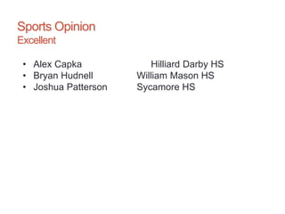 Sports Opinion
Excellent
• Alex Capka Hilliard Darby HS
• Bryan Hudnell William Mason HS
• Joshua Patterson Sycamore HS
 