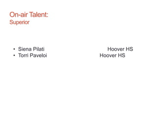 On-air Talent:
Superior
• Siena Pilati Hoover HS
• Torri Paveloi Hoover HS
 