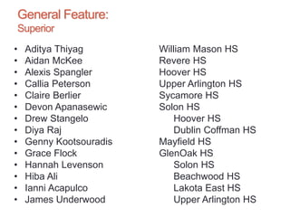 General Feature:
Superior
• Aditya Thiyag William Mason HS
• Aidan McKee Revere HS
• Alexis Spangler Hoover HS
• Callia Peterson Upper Arlington HS
• Claire Berlier Sycamore HS
• Devon Apanasewic Solon HS
• Drew Stangelo Hoover HS
• Diya Raj Dublin Coffman HS
• Genny Kootsouradis Mayfield HS
• Grace Flock GlenOak HS
• Hannah Levenson Solon HS
• Hiba Ali Beachwood HS
• Ianni Acapulco Lakota East HS
• James Underwood Upper Arlington HS
 